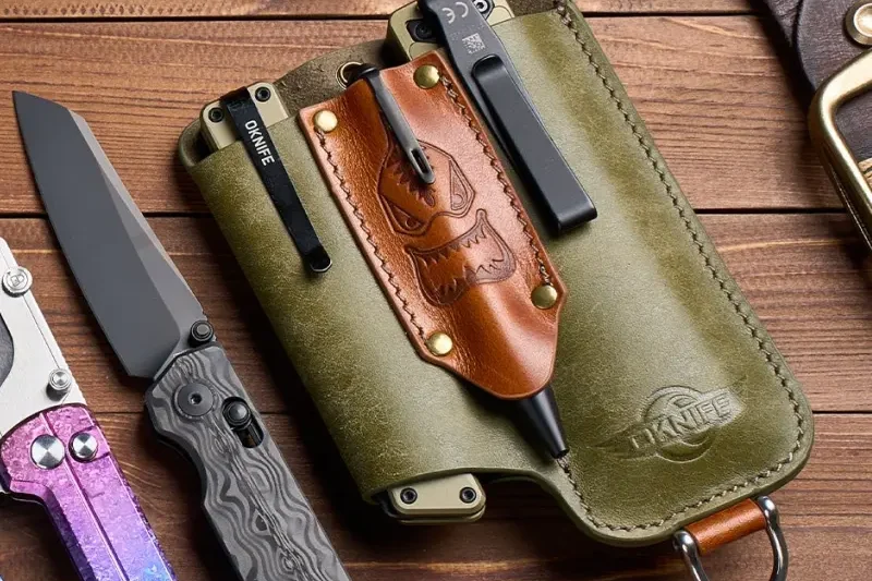 Стильний шкіряний чохол-органайзер Oknife Osheath S1 3-in-1 Leather Sheath для ножа, ліхтаря, ручки та ключів.